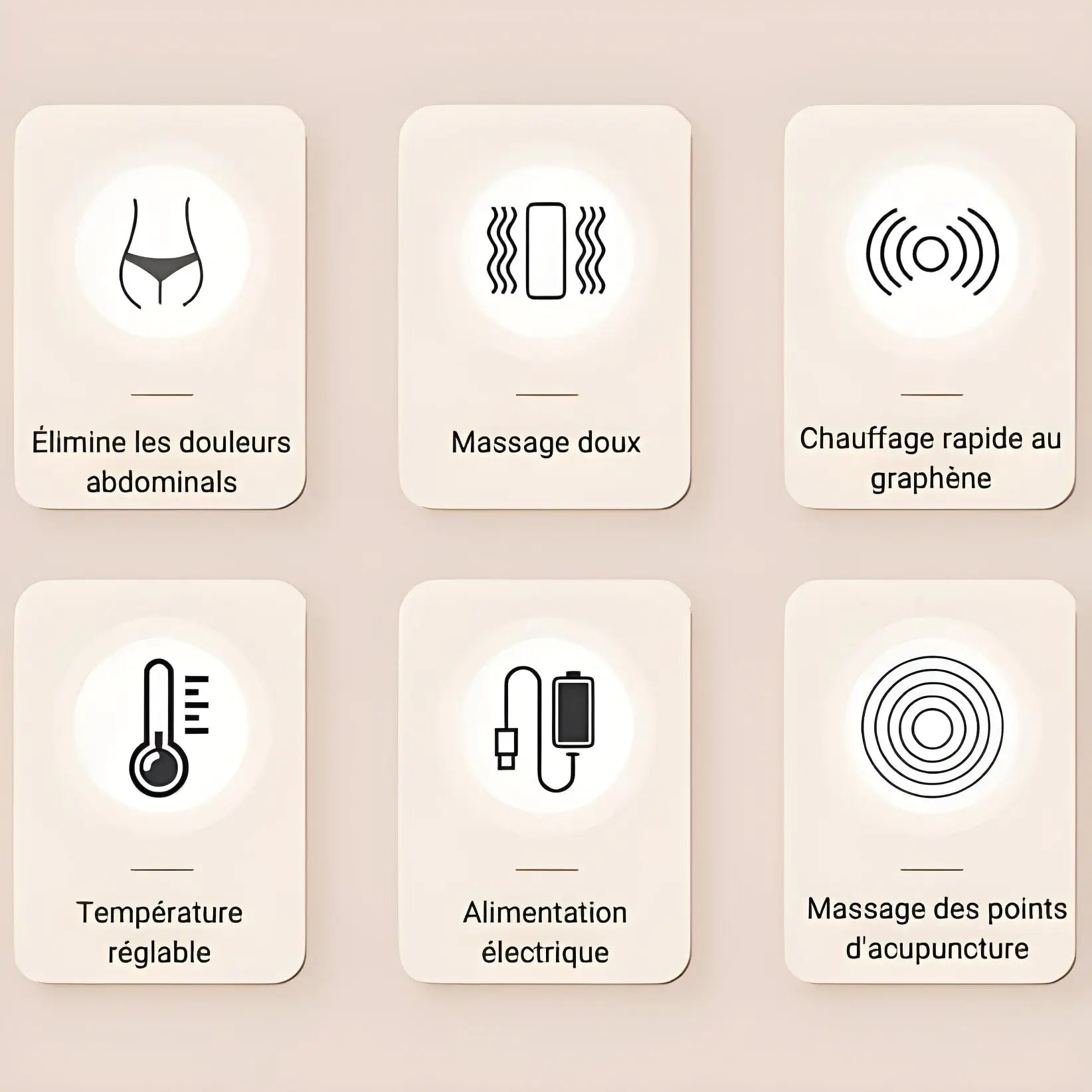 Ensemble de six cartes d’icônes présentant les caractéristiques d’un appareil de bien-être ou de massage en français.