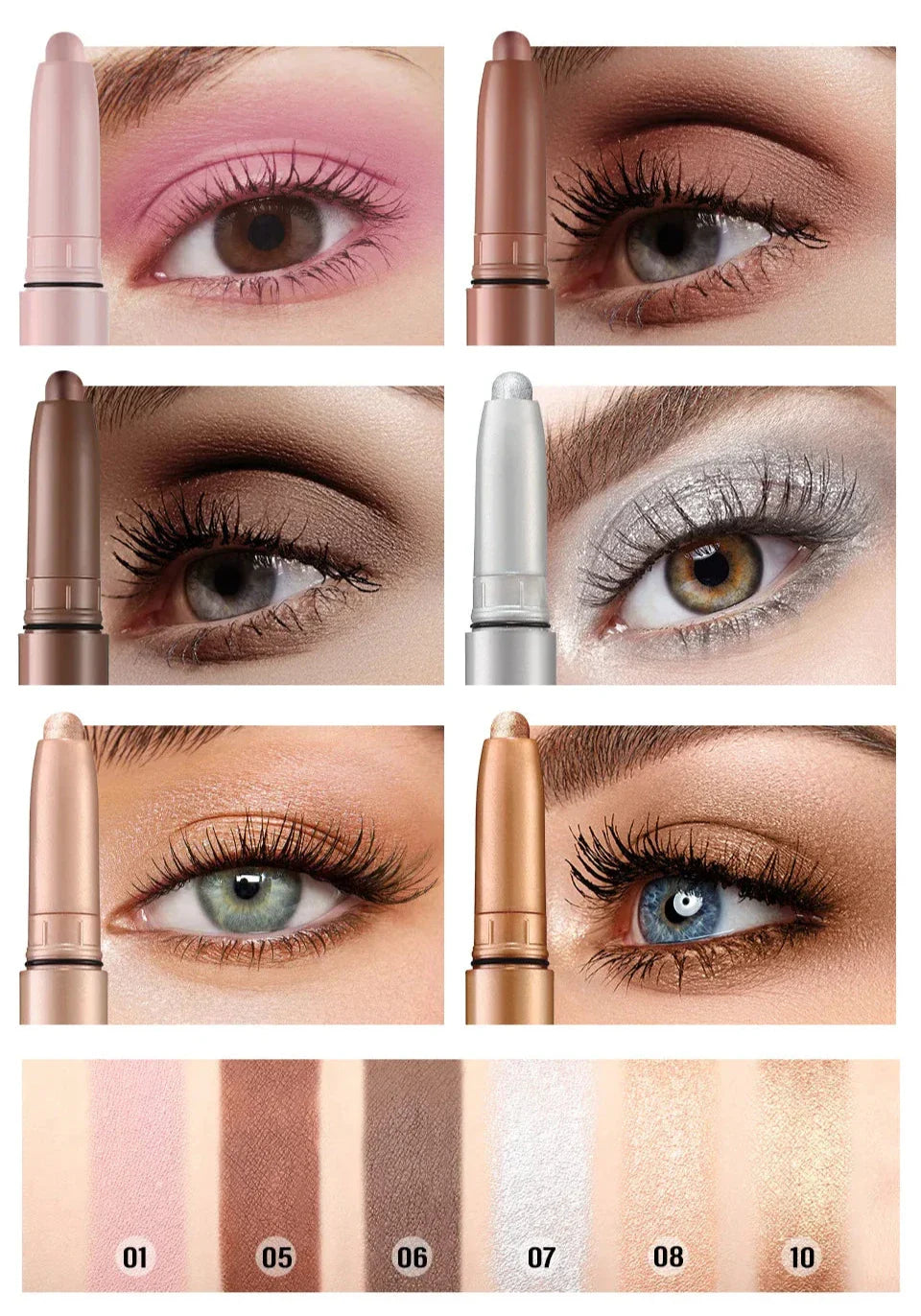 Collection de looks de maquillage pour les yeux présentant différentes couleurs d’ombres à paupières et d’applications de mascara, avec une palette de couleurs présentée ci-dessous.