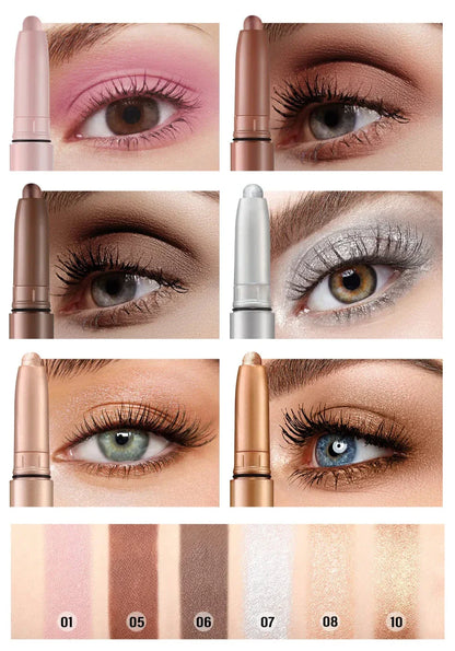 Collection de looks de maquillage pour les yeux présentant différentes couleurs d’ombres à paupières et d’applications de mascara, avec une palette de couleurs présentée ci-dessous.