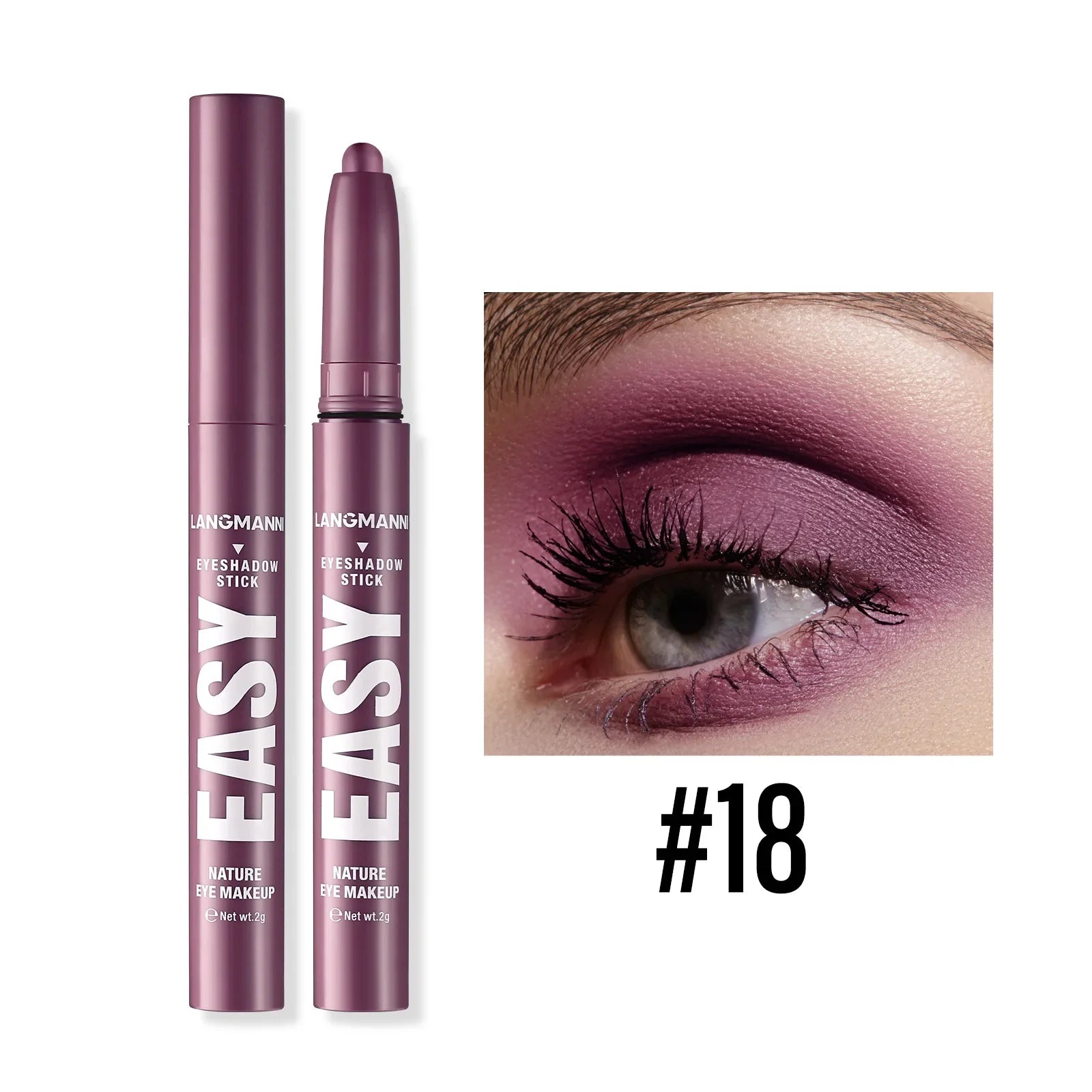 Bâton d’ombre à paupières violet avec une démonstration de maquillage des yeux assortie.