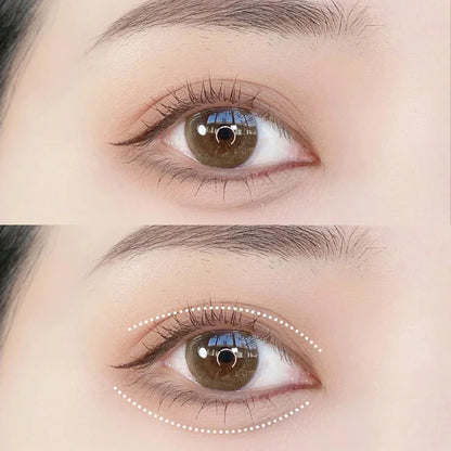 Yeux bruns maquillés de façon naturelle avant et après, les lignes pointillées indiquant une technique de correction de la forme de l’œil.