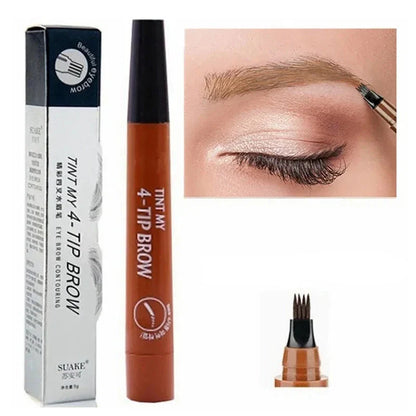 Stylo à sourcils liquide avec un applicateur à pointe fourchue de couleur cuivre/marron.