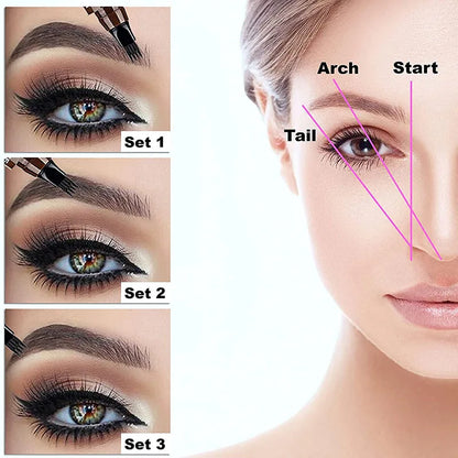 Tutoriel de maquillage montrant des techniques de mise en forme des sourcils et des exemples d’application de maquillage pour les yeux.