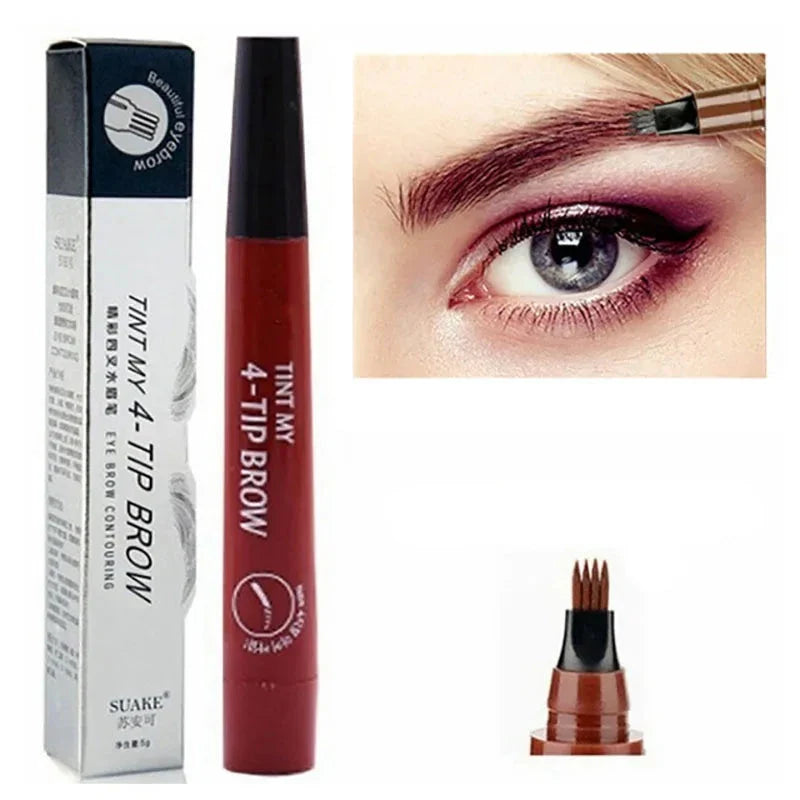 Stylo liquide rouge pour la coloration des sourcils avec un applicateur à pointe fourchue.