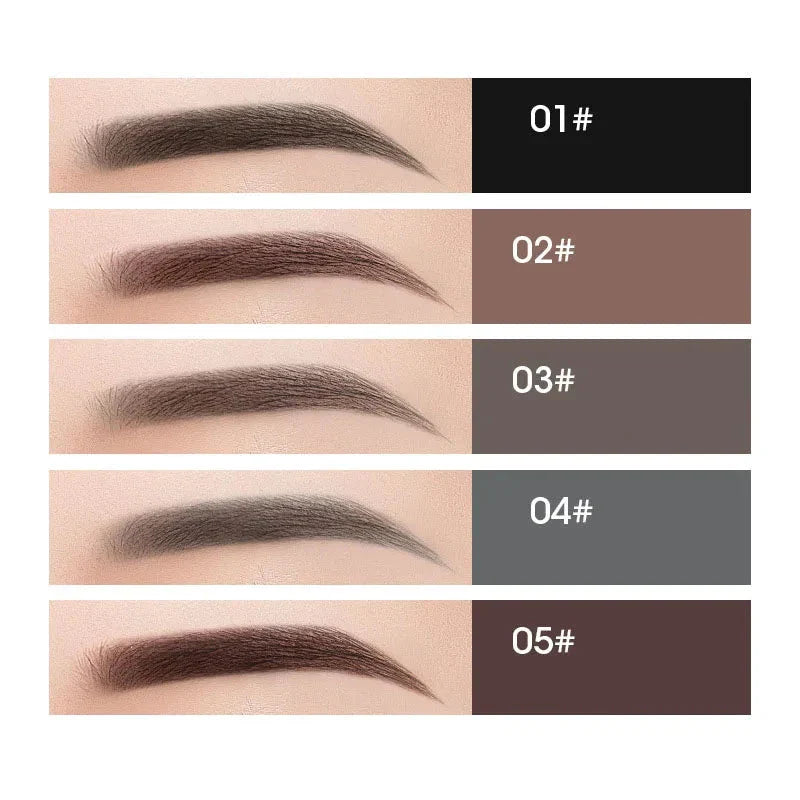 Cinq formes de sourcils sont présentées avec les échantillons de couleurs correspondants, numérotés de 01 à 05.