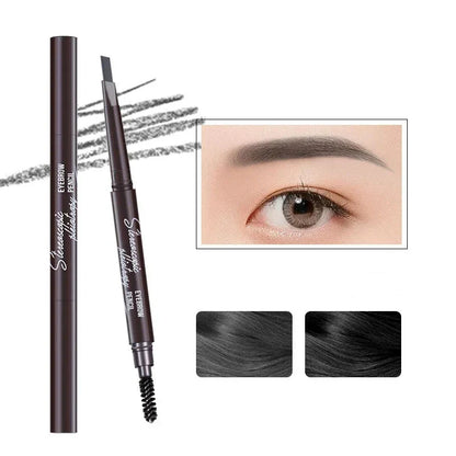 Crayon à sourcils marron foncé avec une brosse à bobines à une extrémité.