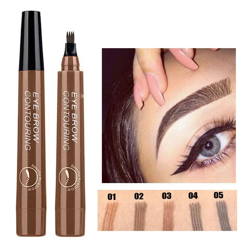 Stylo à sourcils liquide avec effet de microblading présenté dans différents échantillons de teintes.