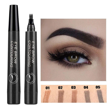 Stylo à sourcils liquide à pointe microbilleuse présenté avec des échantillons de maquillage pour les yeux et un gros plan sur les yeux.