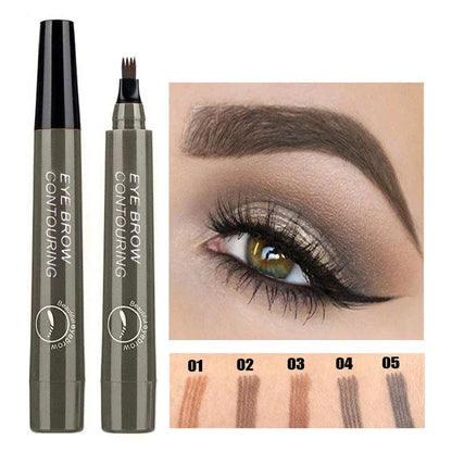 Stylo à sourcils avec échantillons de couleurs et démonstration de maquillage.