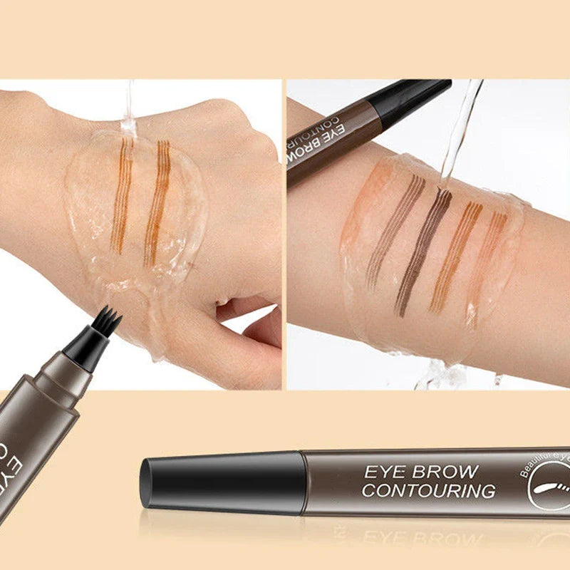 Stylo contour des sourcils avec des échantillons de différentes teintes montrées sur la peau.