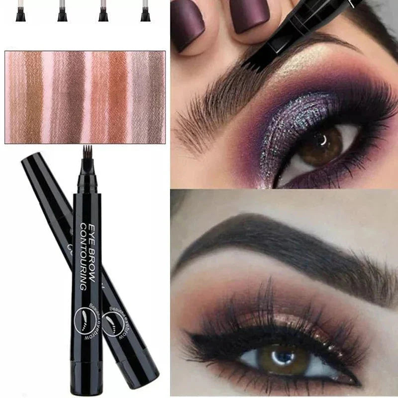 Stylo à sourcils avec échantillons de maquillage et exemples d’application de maquillage pour les yeux.