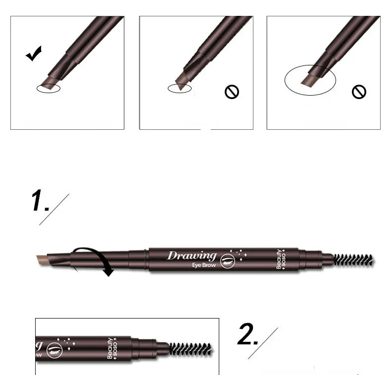 Crayon à sourcils à double extrémité, avec un embout brosse d’un côté et un embout crayon angulaire de l’autre.