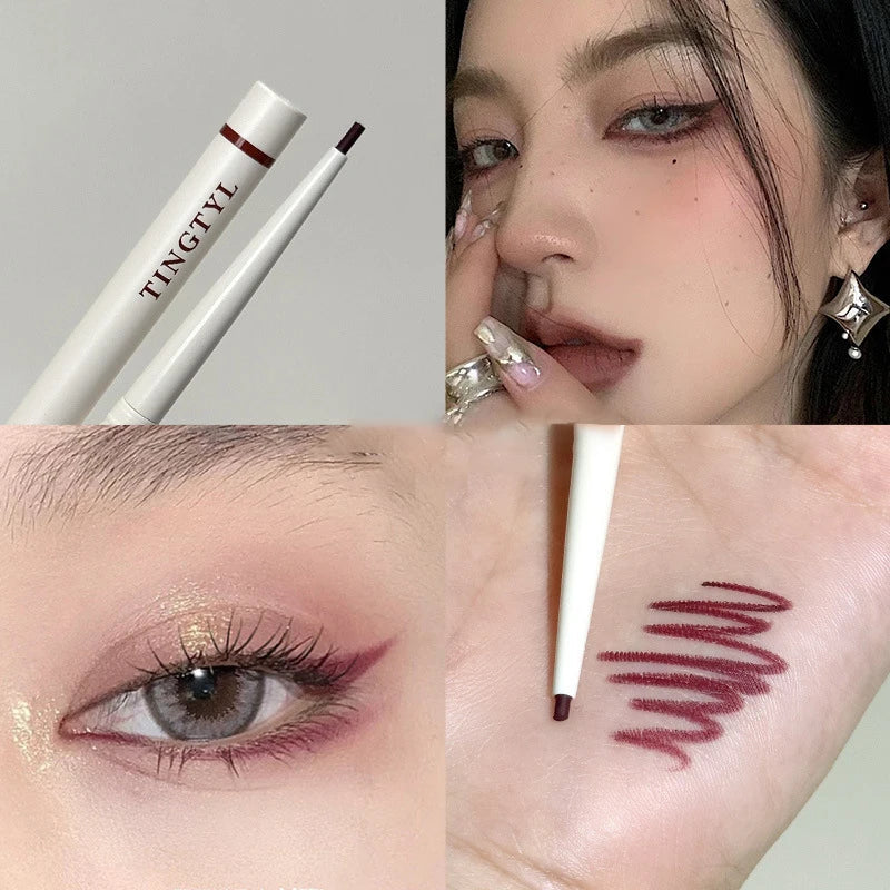 Crayon eyeliner blanc avec des échantillons de couleur bordeaux présentés dans des exemples d’application de maquillage.