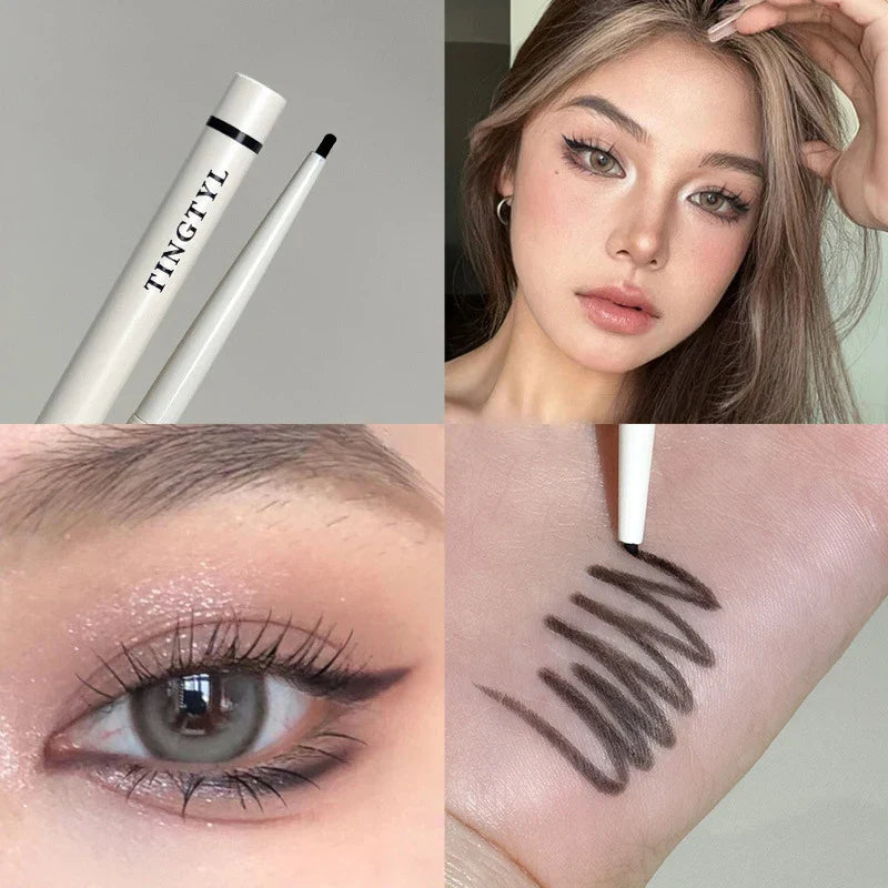 Stylo eyeliner blanc avec des taches noires présentées dans les exemples de produits et d’applications.