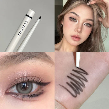 Stylo eyeliner blanc avec des taches noires présentées dans les exemples de produits et d’applications.