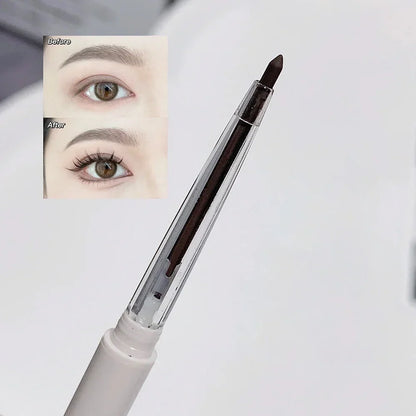 Crayon à sourcils mécanique blanc avec une photo de comparaison des sourcils avant et après.