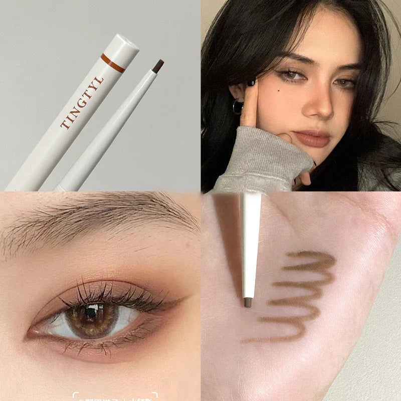 Crayon à sourcils blanc avec des échantillons de brun présentés dans des exemples d’application de maquillage.