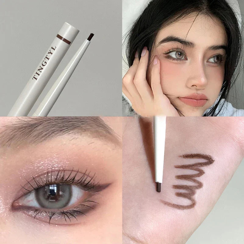 Crayon à sourcils blanc avec des échantillons de brun présentés dans des exemples d’application de maquillage.