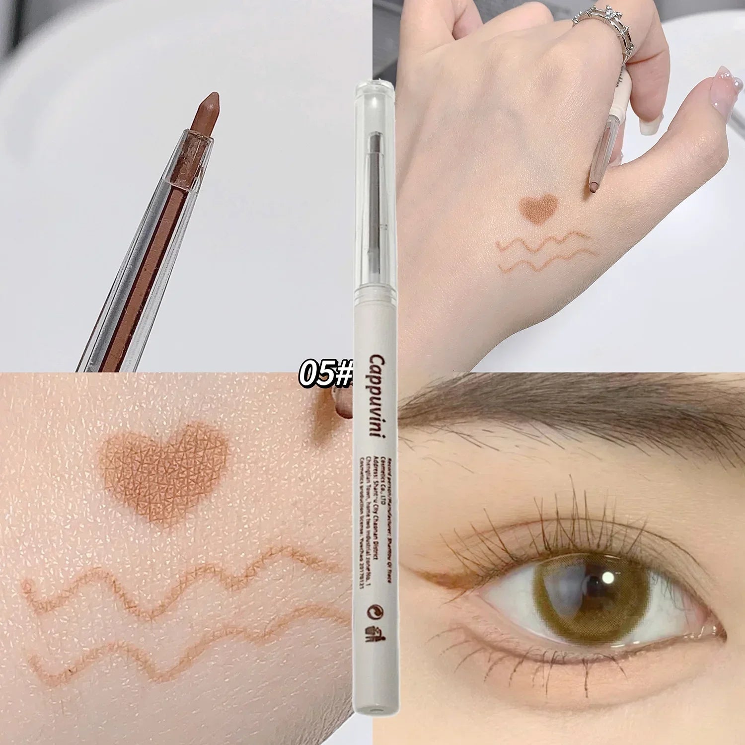 Crayon eyeliner marron et marqueur de maquillage blanc utilisés pour créer des lignes décoratives et des formes de cœur sur la peau.