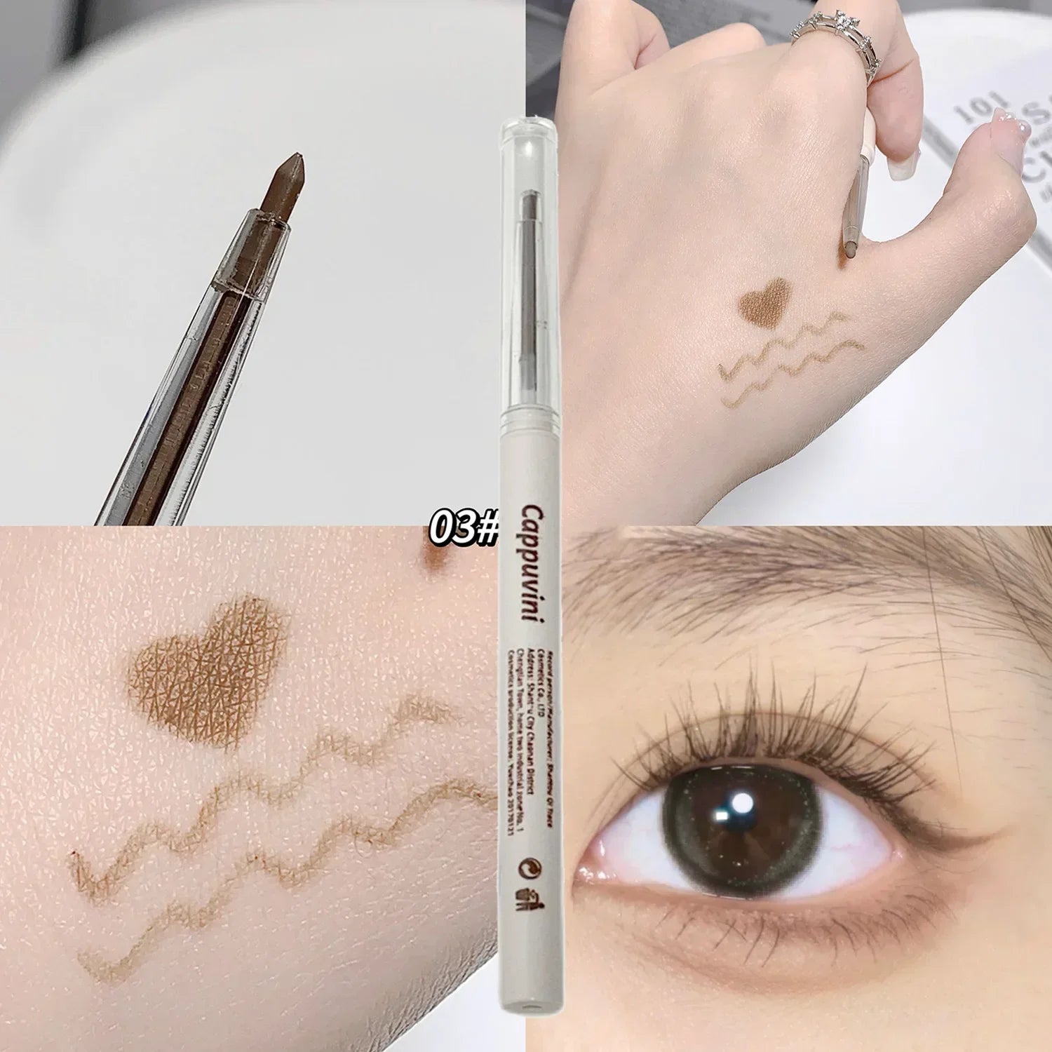 Crayon eyeliner marron avec des échantillons montrant des motifs de cœur et de vagues dessinés sur la peau.