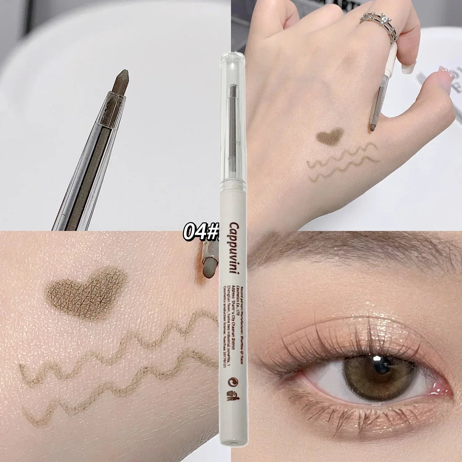 Crayon de maquillage avec des échantillons montrant des lignes ondulées et des cœurs dessinés sur la peau.