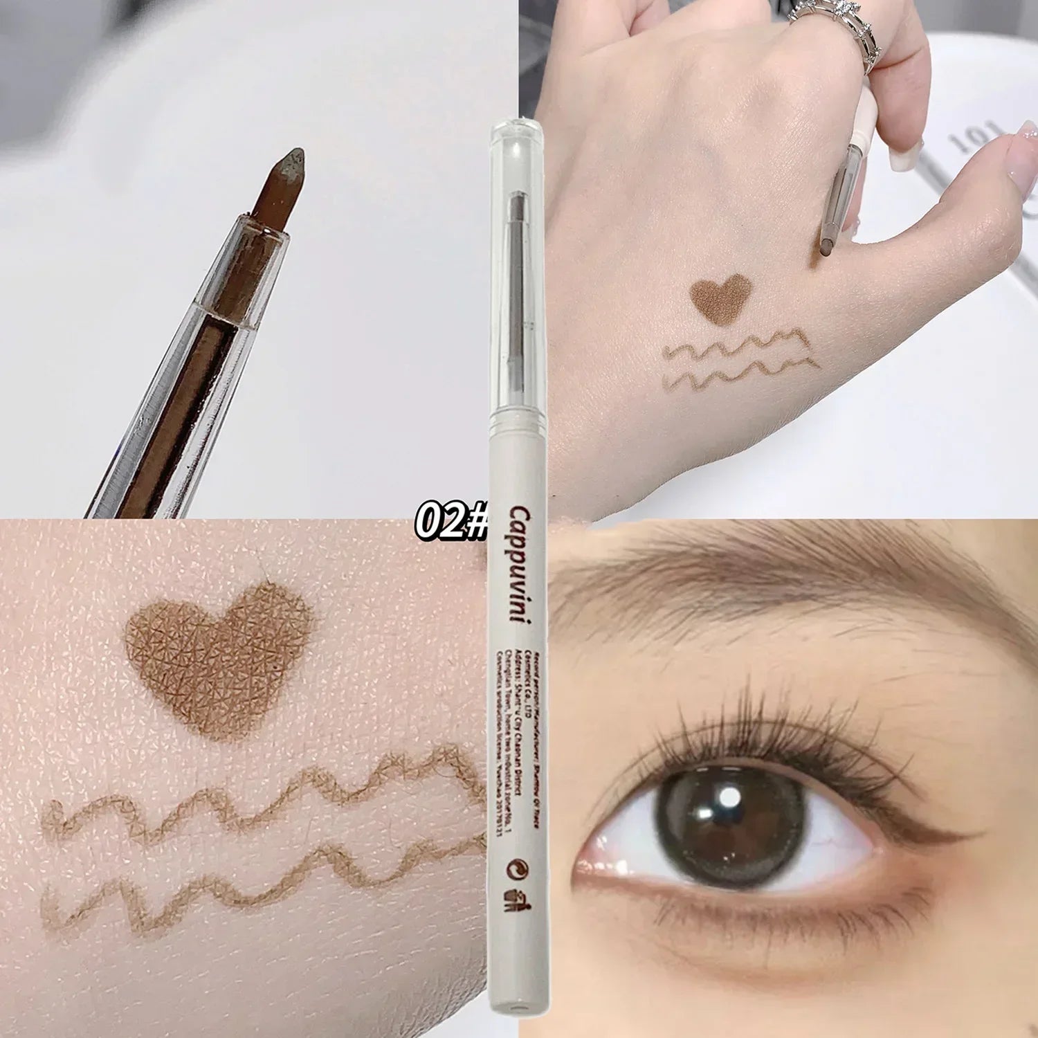 Stylos eyeliner bruns et blancs avec des exemples d’échantillons montrant des motifs de cœurs et de vagues.