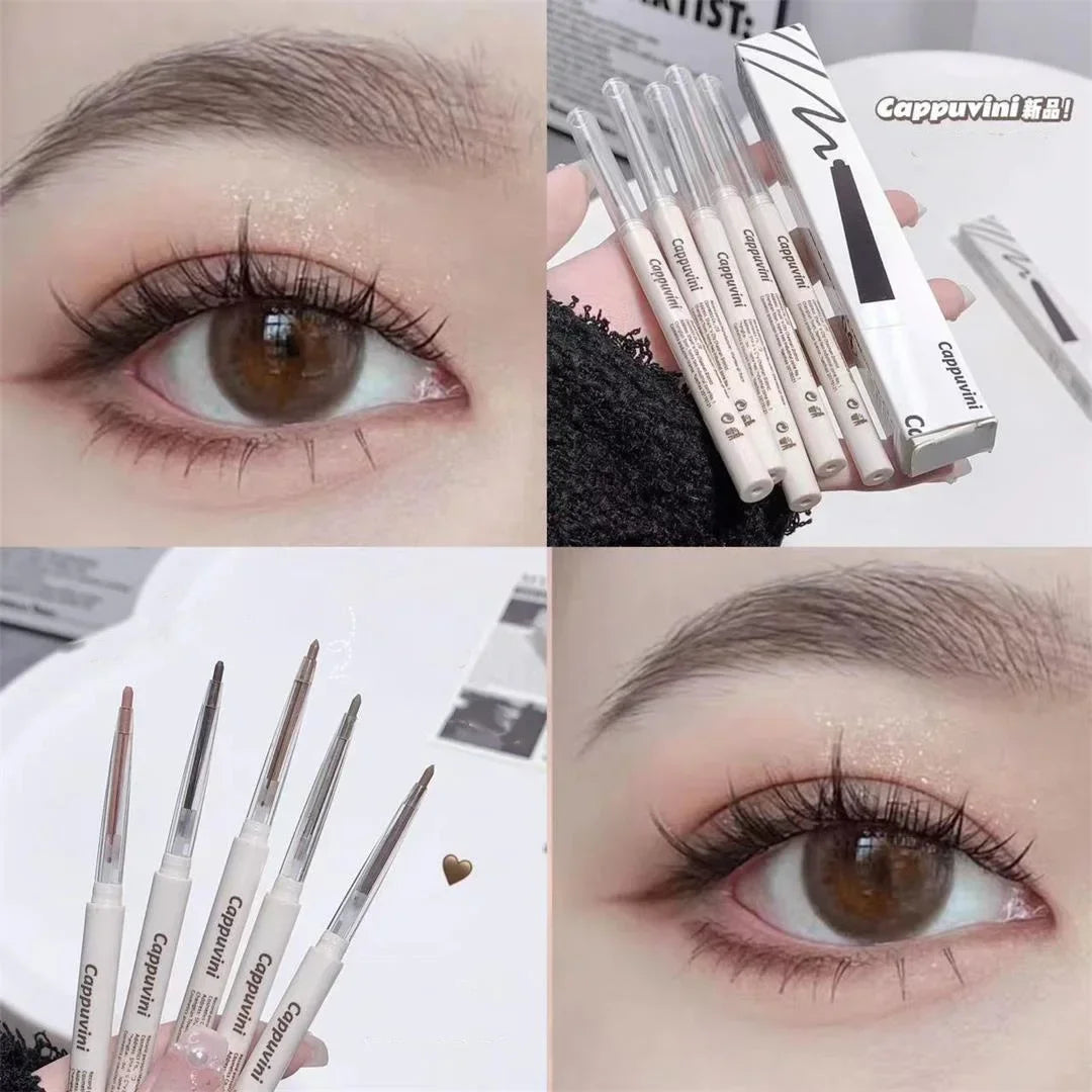 Crayons à sourcils et outils de maquillage présentés avec des looks de maquillage pour les yeux bruns.