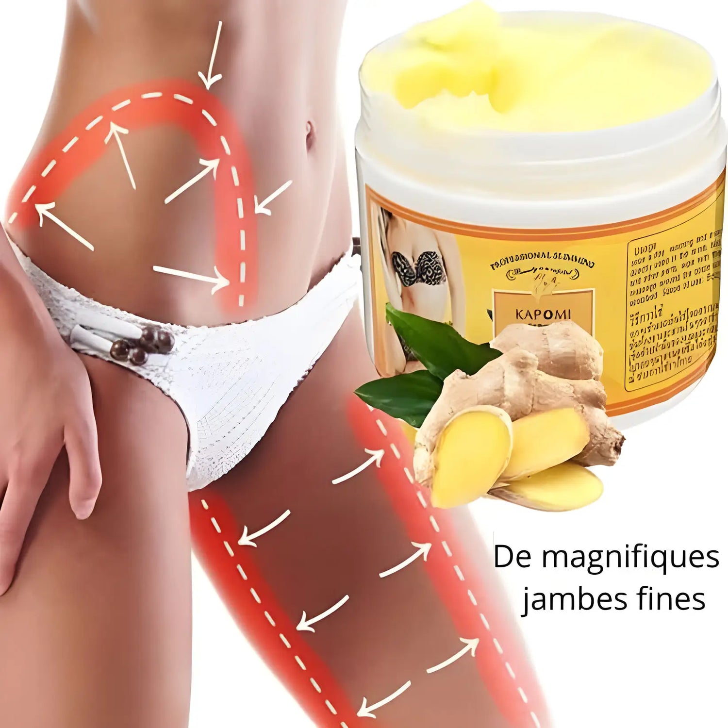 Pot de crème ou de pommade à base de gingembre dont la publicité vante les effets amincissants sur les jambes et les cuisses.