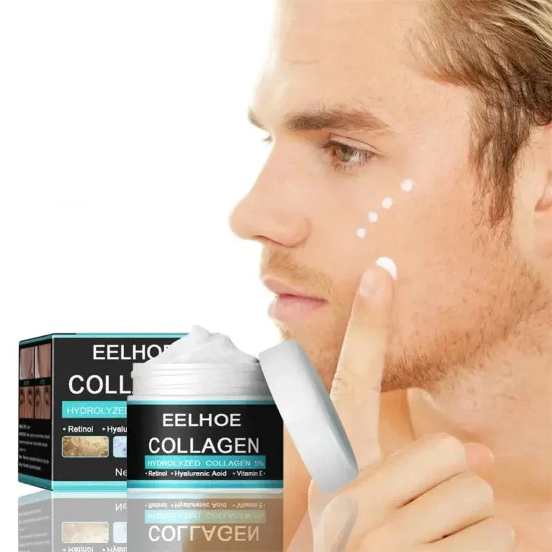 Pot de crème de soin Eelhoe Collagen avec des points blancs appliqués sur la peau.