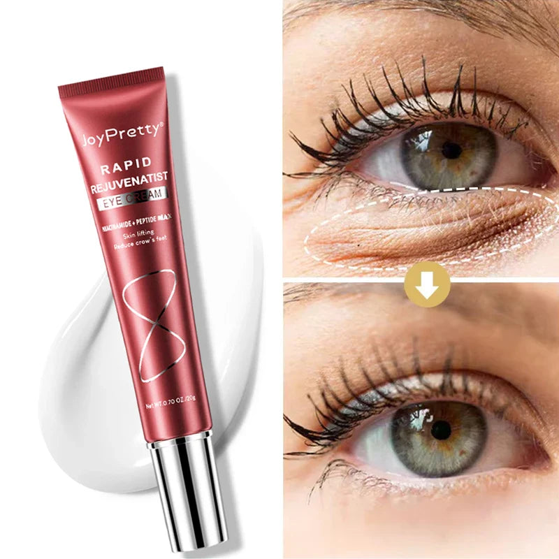 Tube de crème pour les yeux rouge métallisé avec bouchon argenté et allégations anti-âge.