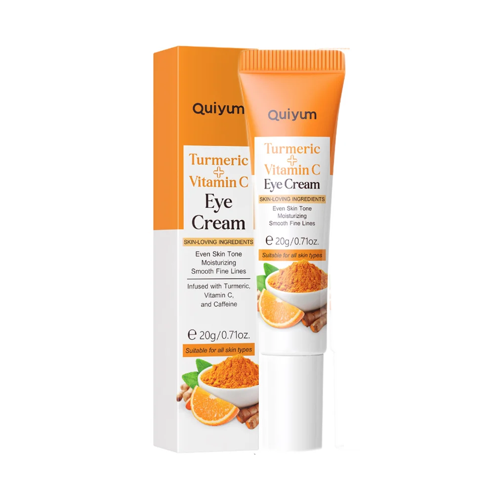 Crème pour les yeux au curcuma et à la vitamine C dans un tube orange et blanc avec emballage du produit.