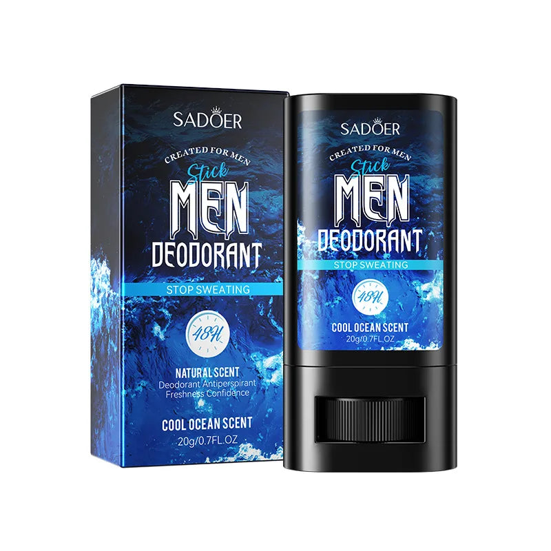 Déodorant stick pour hommes au ’Cool Ocean Scent’ dans un emballage bleu et noir.