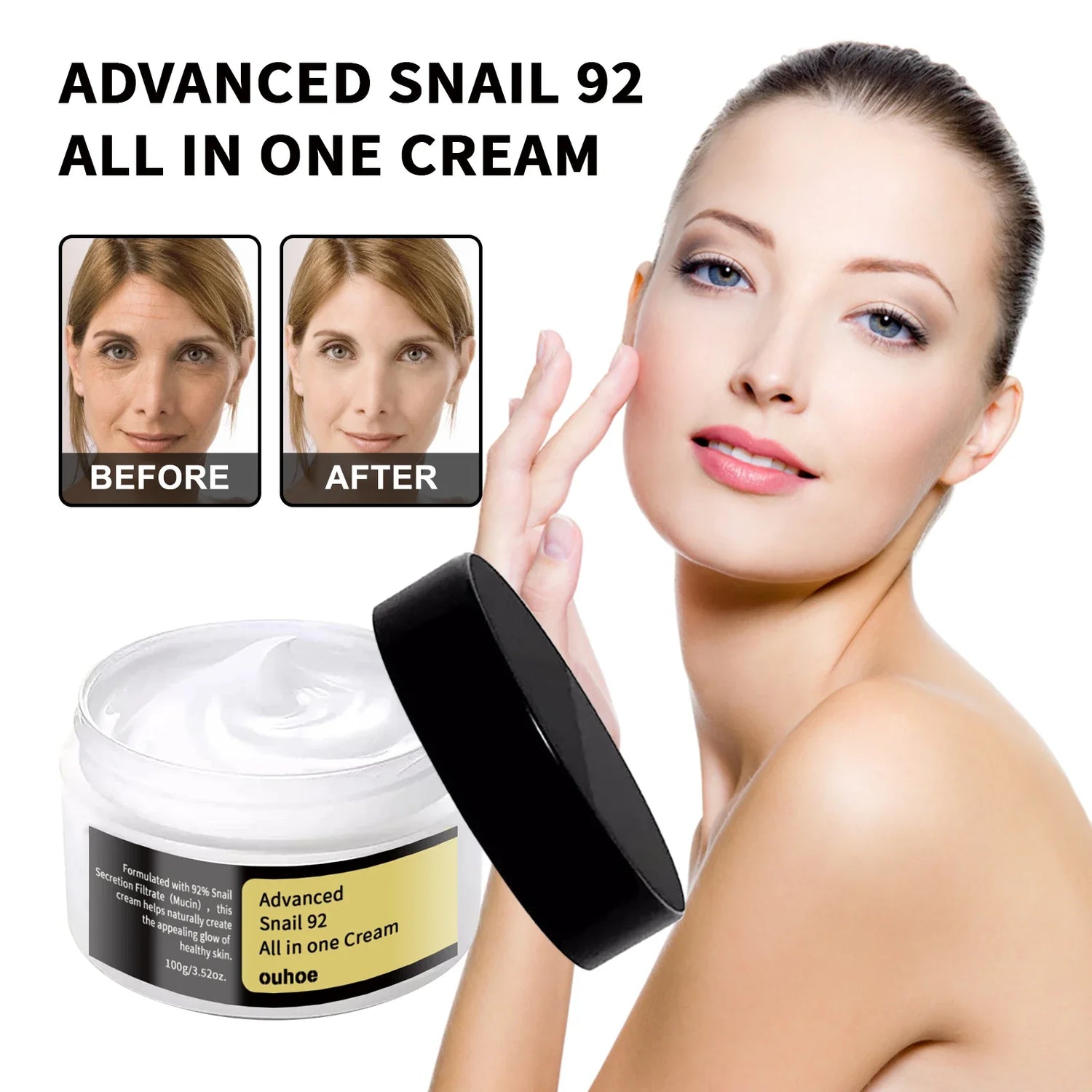 Pot blanc de la crème pour le visage Advanced Snail 92 All-In-One avec un couvercle noir.