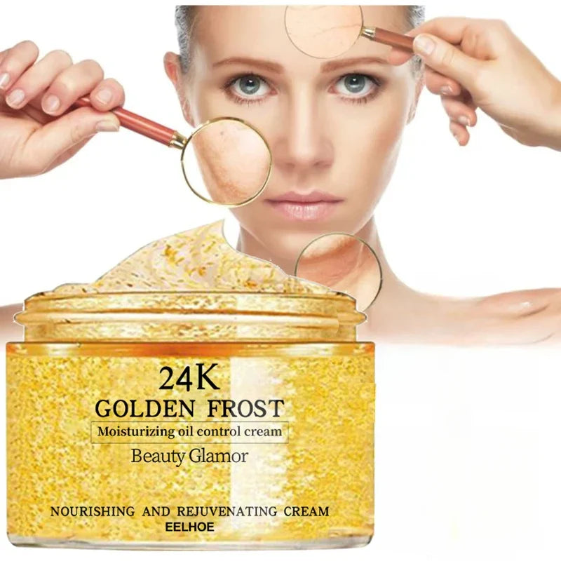 Pot de crème hydratante Golden Frost 24K avec texture gel mouchetée d’or.