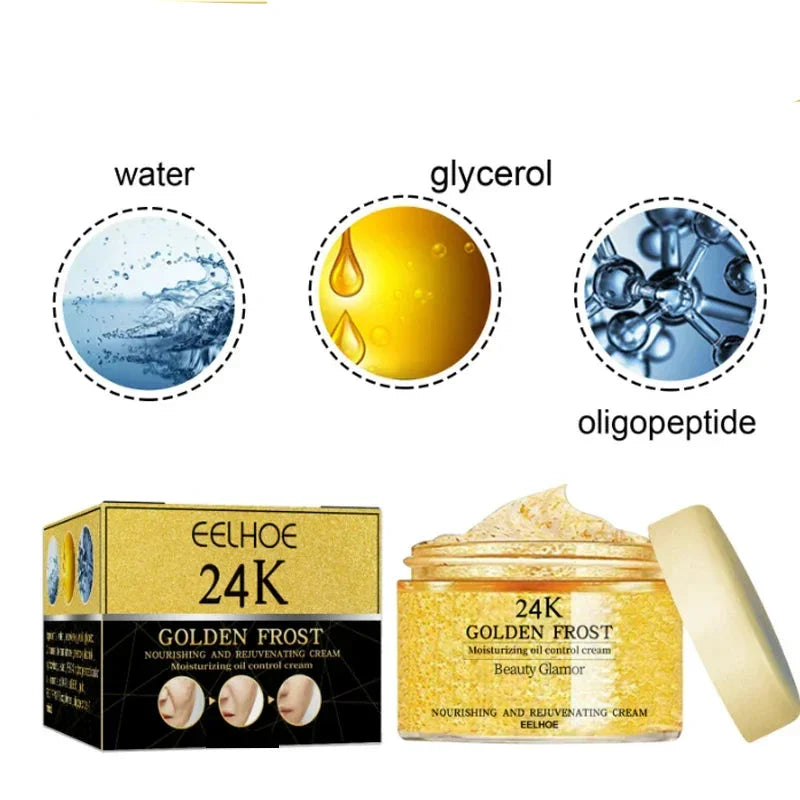 Pot et boîte de crème de soin dorée étiquetés ’Eelhoe 24K Golden Frost’ avec des icônes d’ingrédients montrant de l’eau, du glycérol et de l’oligopeptide.