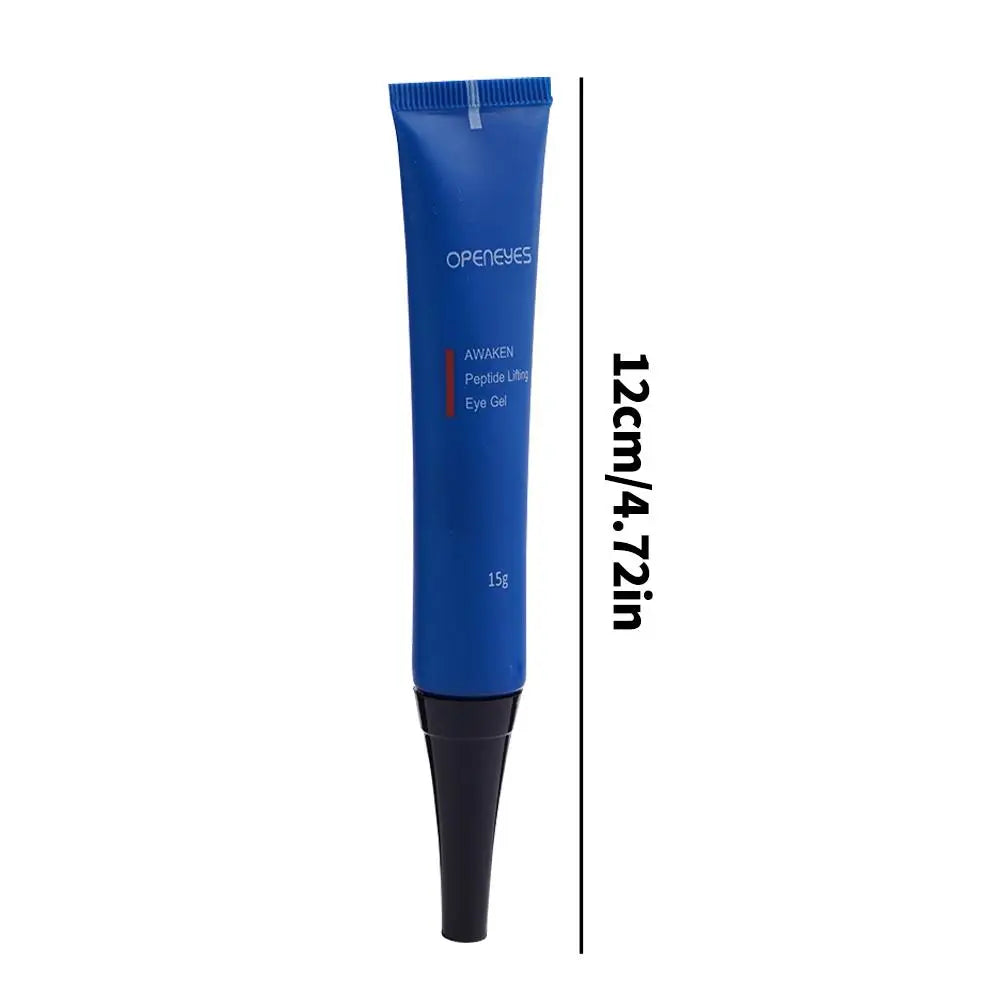 Tube cosmétique bleu avec un embout applicateur noir pointu.