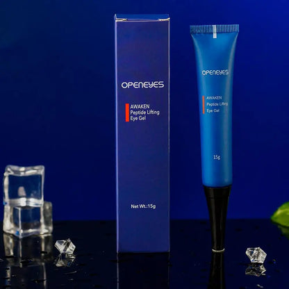 Tube et boîte de produits de soin bleus étiquetés ’Openeyes’ avec une bande rouge.