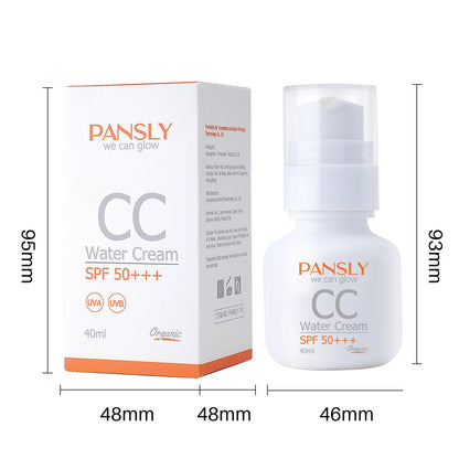 Flacon de crème blanche avec emballage orange portant la mention ’Pansly’ et SPF 50+++.