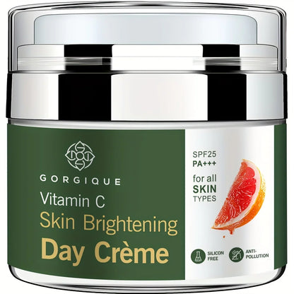 Pot vert et argenté de Gorique Vitamin C Skin Brightening Day Creme avec des images de pamplemousse.