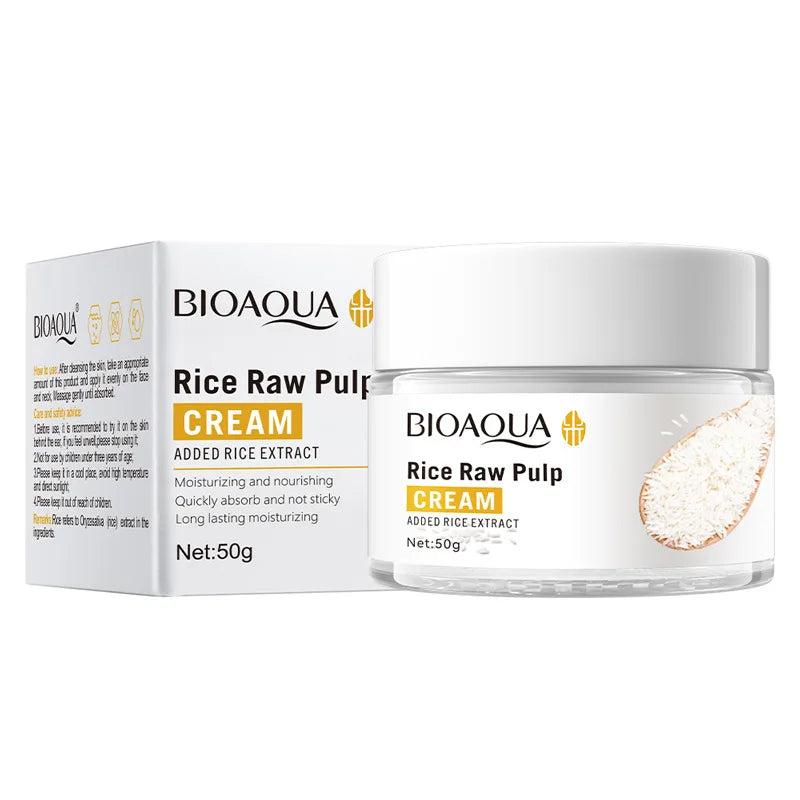 BIOAQUA Crème de Pulpe de Riz Crue dans un pot blanc avec sa boîte produit.