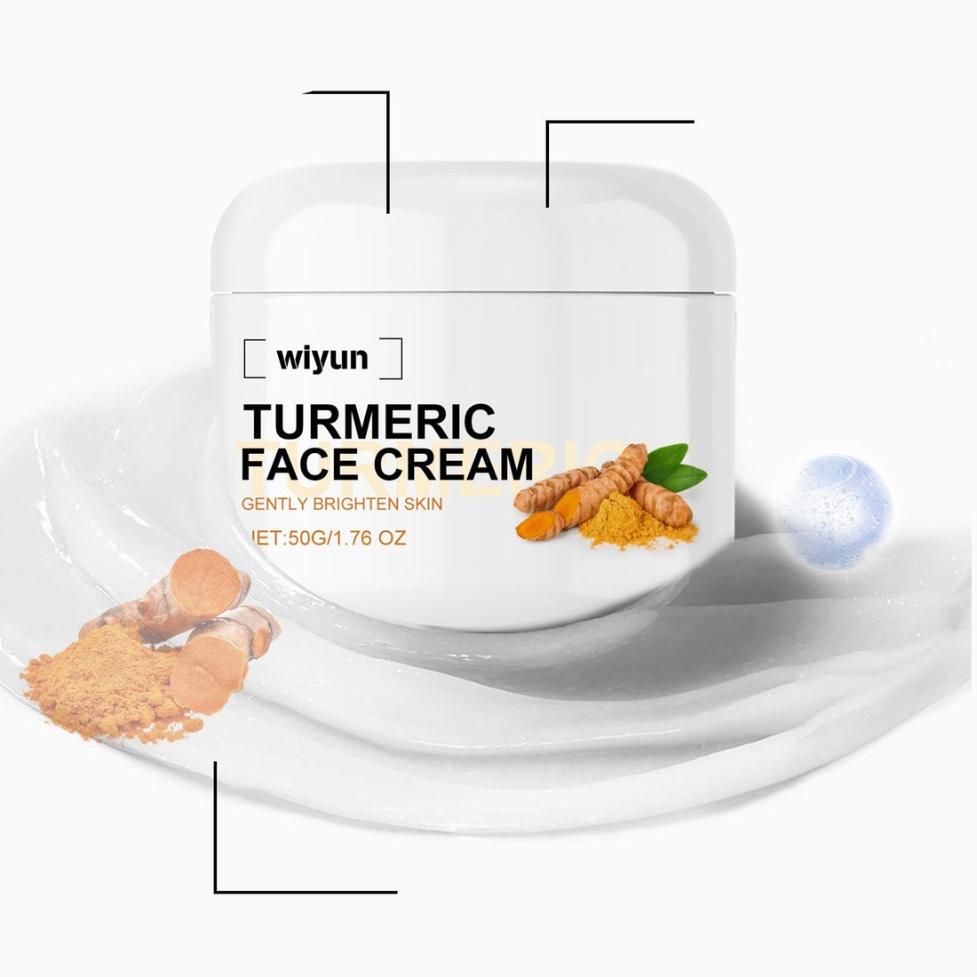 Pot blanc de crème pour le visage au curcuma avec le texte du produit sur le devant.