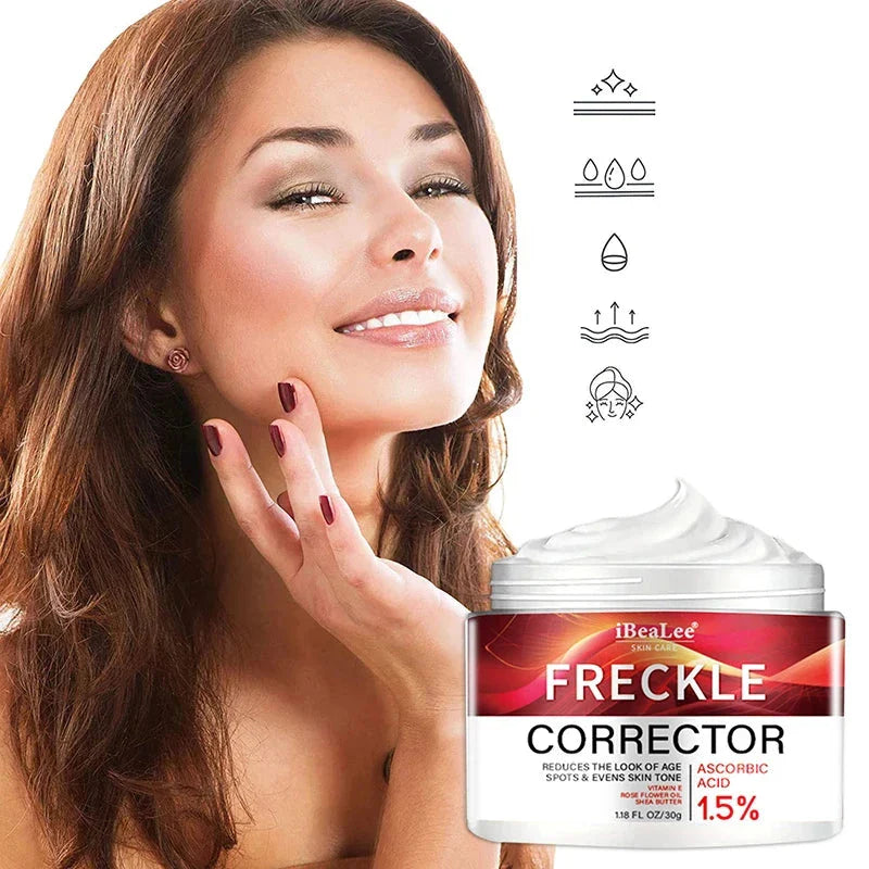 Pot de crème correcteur de taches de rousseur avec icônes de soins de la peau et emballage du produit.