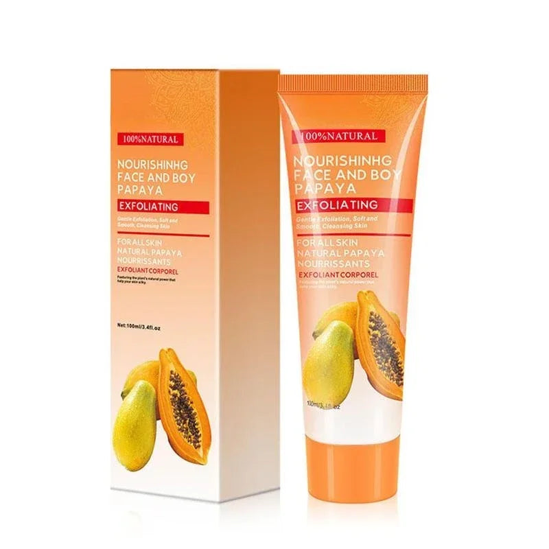 Crème exfoliante nourrissante pour le visage et le corps, avec un emballage en papaye et un tube de produit dans les tons orange.