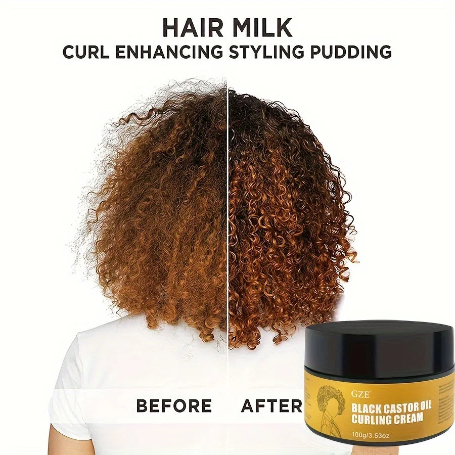 Pouding coiffant à base de lait capillaire améliorant les boucles, présenté avec une comparaison avant/après de cheveux bouclés.