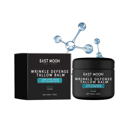 Pot et boîte noirs du baume de suif East Moon Wrinkle Defense avec un motif de structure moléculaire bleu.