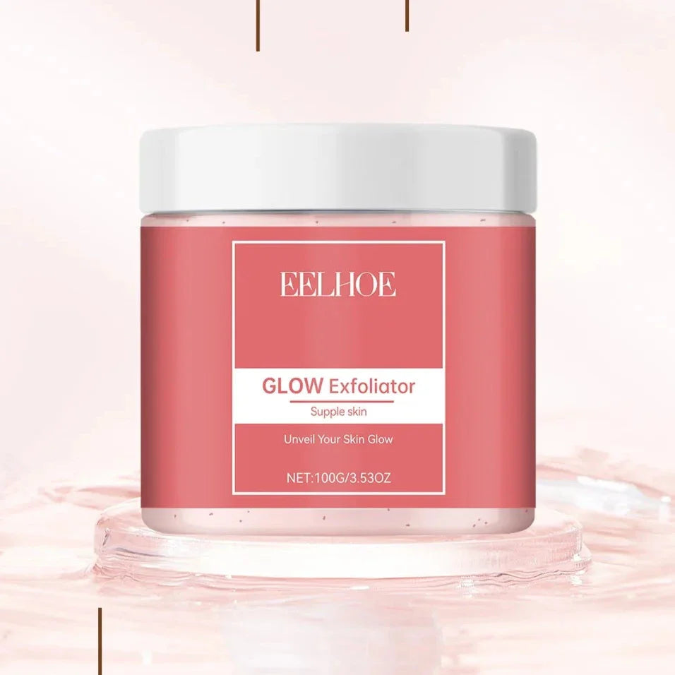 Pot rose de Belihoe Glow Exfoliator avec couvercle blanc.