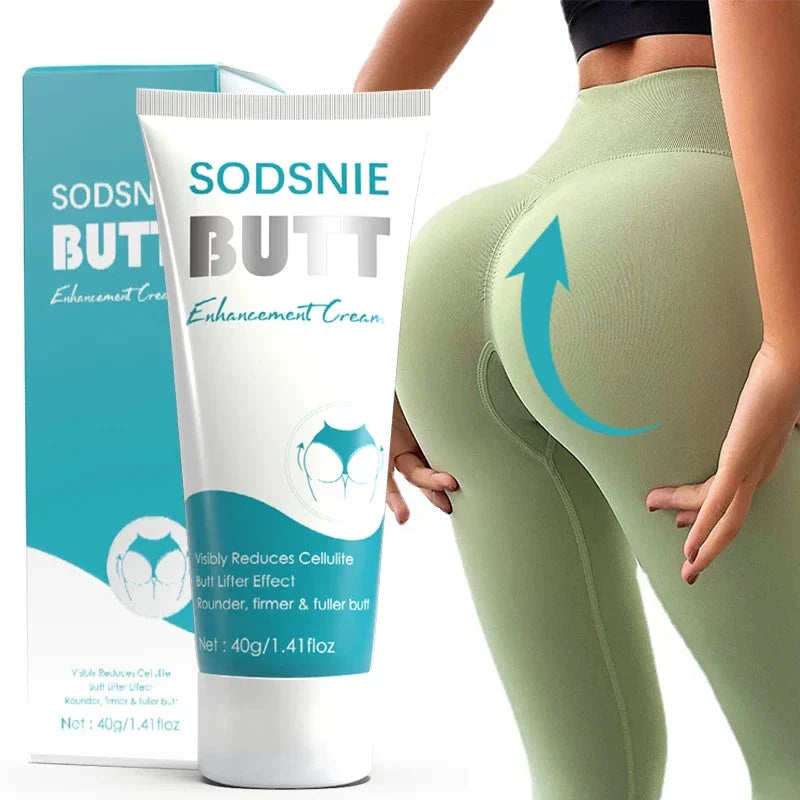 Produit de crème pour l’amélioration des fesses montré à côté d’une personne portant des jambières vertes.