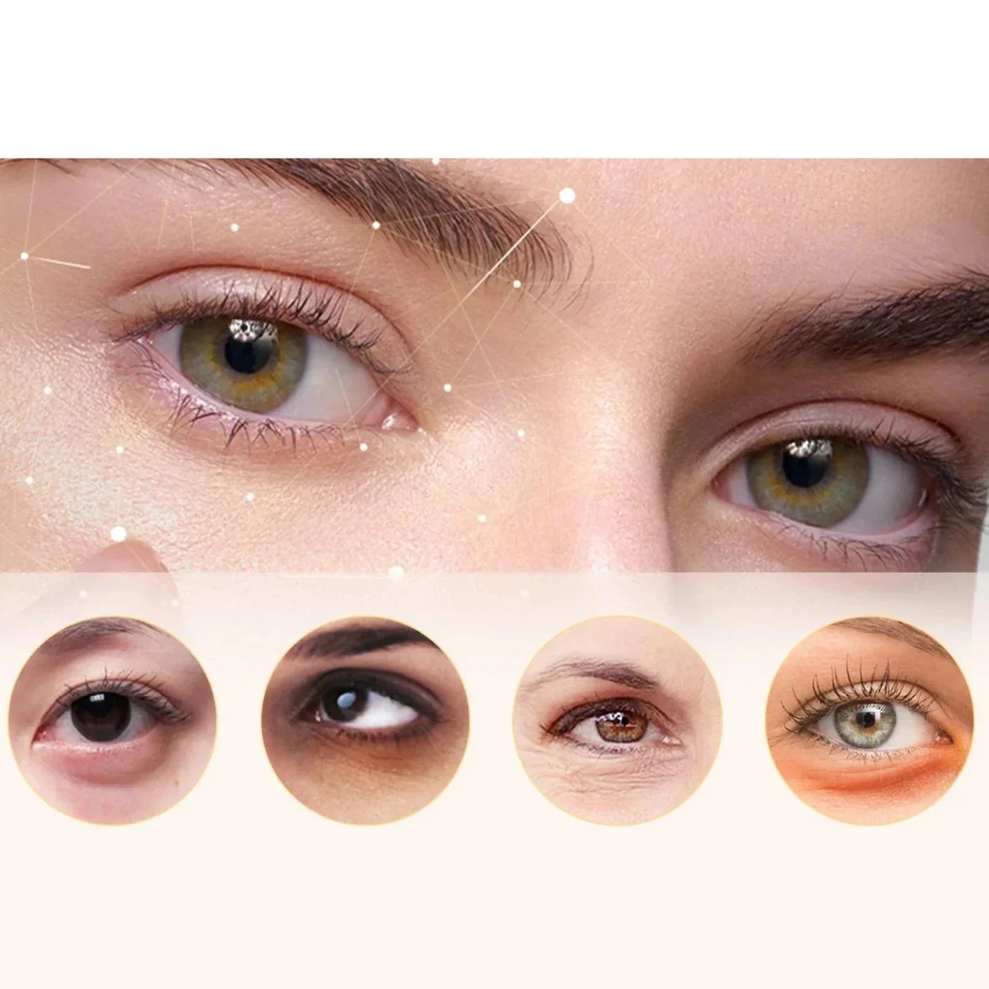 Photographies en gros plan d’yeux avec différents styles de maquillage et effets de lumière.