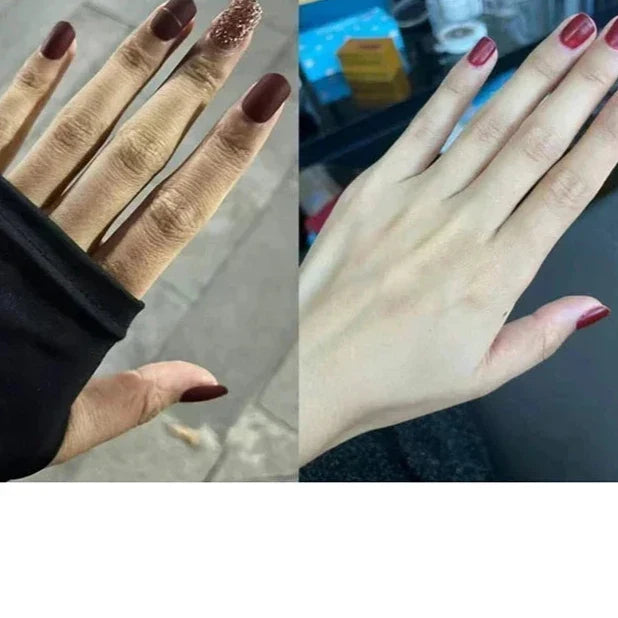 Comparaison côte à côte de mains recouvertes de vernis à ongles bordeaux montrant les différences de teint avant et après.