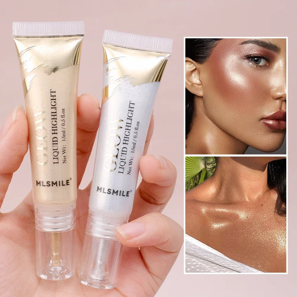 Deux tubes de maquillage M.SMILE liquid highlighter présentés avec des photos d’effets de peau éclatante.